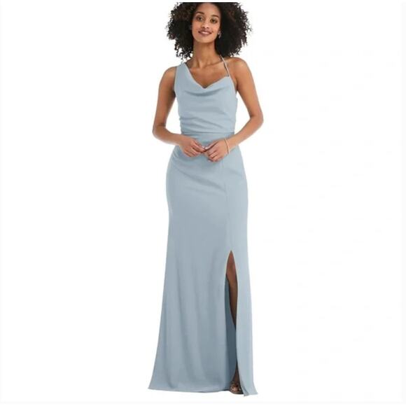 AFTER SIX 6849 One-Shoulder Draped Cowl-Neck Maxi Dress Mist Light Blue Size 8 - Picture 1 of 8